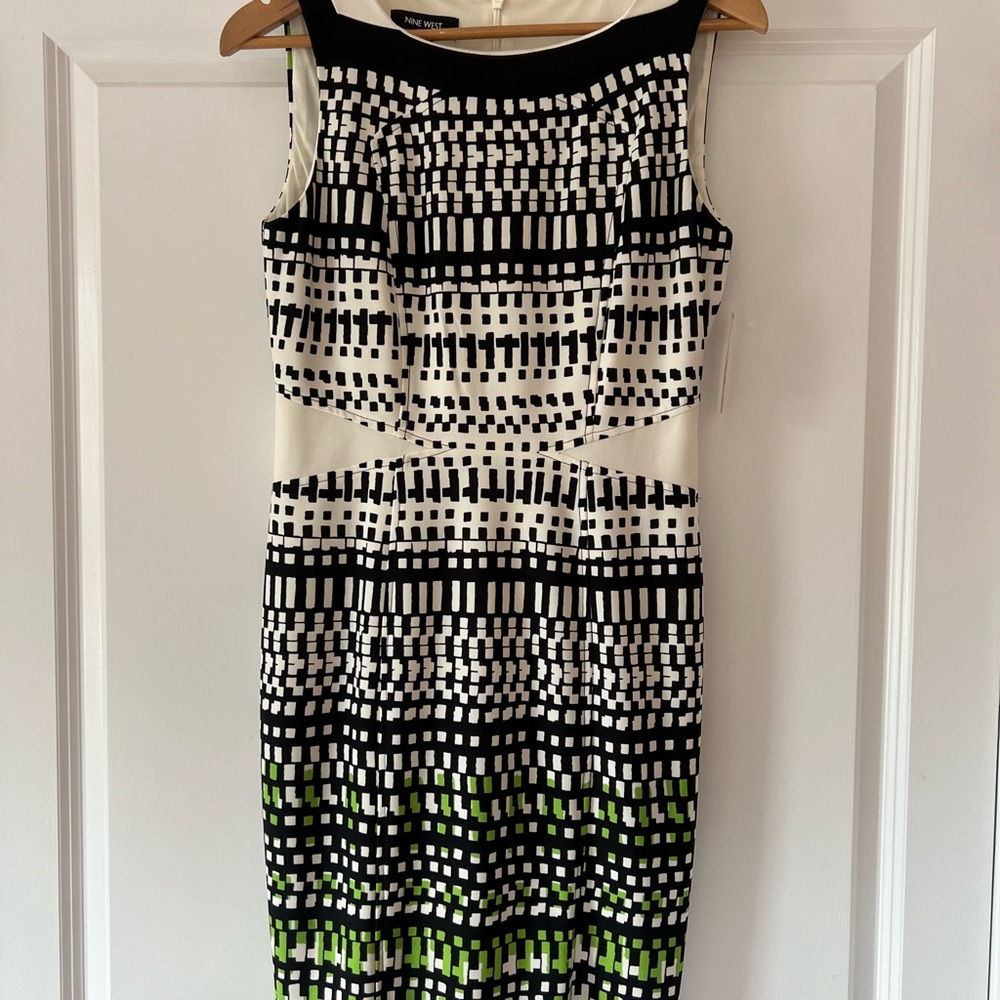 Nine West Black and White Sheath Midi Dress Sleeveless Crew Neck